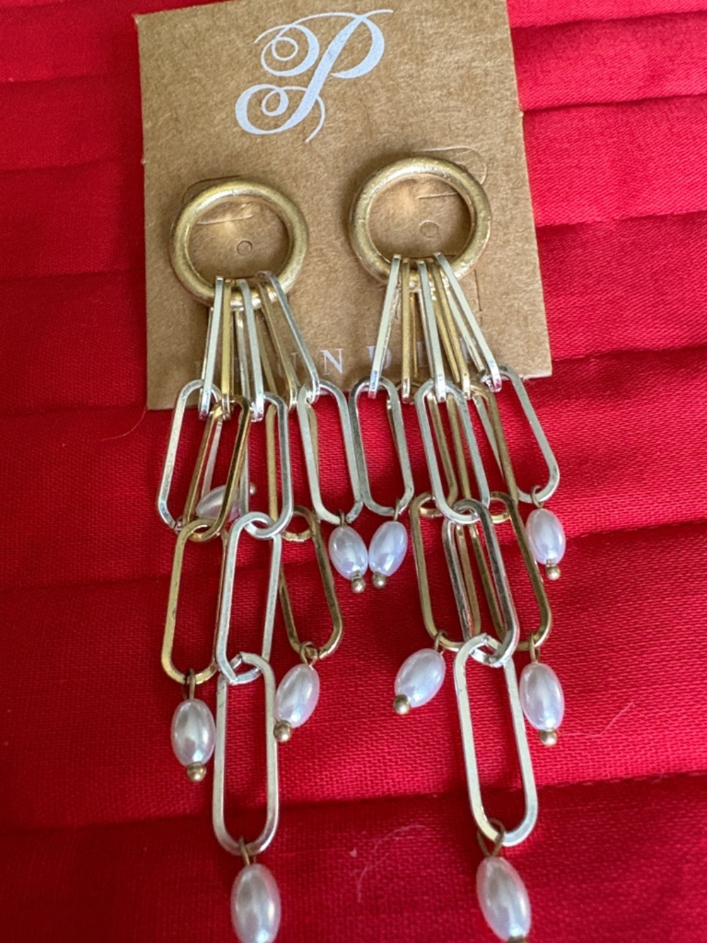 Plunder 1 pair gt and st 3” drop elong loops w/ pearls on rings, posts $ 19